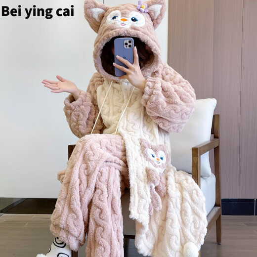 Big children's pajamas 12-15 years old female winter thickened big children's pajamas Lina Bell winter nightgown thickened warm student cute bathrobe Ugly fish Hanton funny plus velvet thickened long ugly fish jumpsuit S/M recommended height 150-165CM