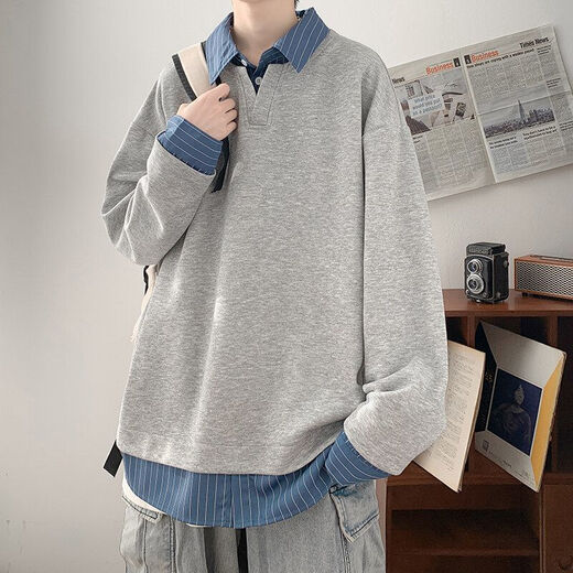 Yalso design Korean loose fake two-piece Henry collar sweatshirt men's trendy shirt splicing no-iron shirt retro 1/2 JYM11 gray XL recommended 130-150Jin Jin equals 0.5 kg