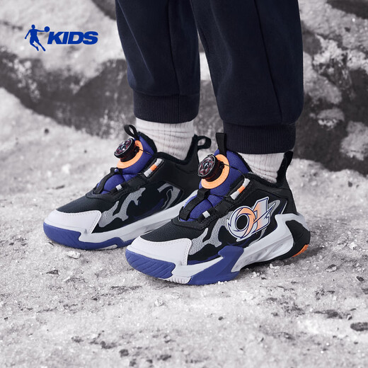 Jordan boys' velvet basketball shoes children's cotton shoes winter leather sports shoes black/misty blue 32