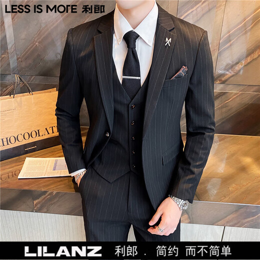 LESS IS MORE Lilang three-piece suit suit men's striped business formal wear Korean style trendy slim and handsome groom wedding dress official flagship black counter genuine M
