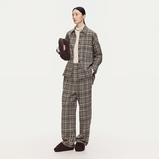 AUM Easy Suit 2025 Winter New Women's Wool Plaid Lapel Shirt Wide Leg Pants Plaid Top S
