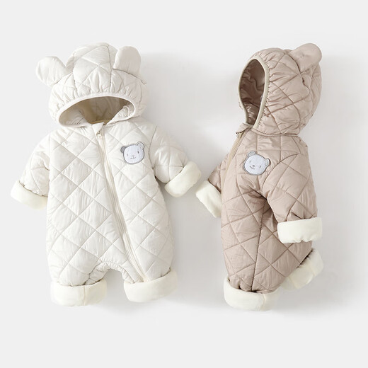 Guiqi infant and young children's thin velvet outdoor clothing, spring, autumn and winter hooded warm jumpsuit, thickened baby coat, bodysuit, hooded clothing, autumn and winter outdoor clothing, off-white 100cm