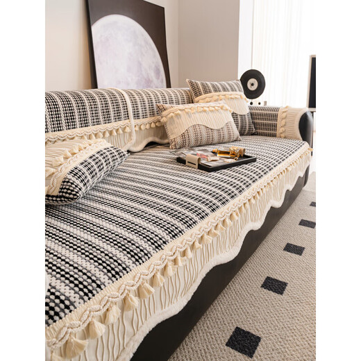 Xingying French chenille sofa cushion, universal for all seasons, 2026 new style seat cushion, one-piece straight row, special-shaped anti-slip cloth towel, ZY special-shaped floating six notes - black 70cm*70cm