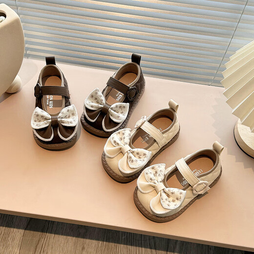 Tyrannis' same-quality baby girl shoes 1-3-6 years old, soft-soled pastoral style small leather shoes, autumn girls' bow shoes, beige 21, inner length 13.5cm