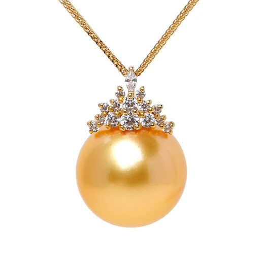 Overland South Sea Saltwater Gold Pearl Pendant 18K Gold Inlaid with Zirconia Ice Queen Style Gift for Girlfriend and Wife Gold Pearl 15~16mm