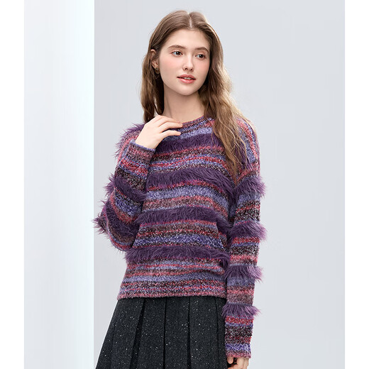 Betu Women's 2025 Winter New Sweater Round Neck Gradient Stripe Plush Decoration Slim Top Women 2511T43 Dark Purple M