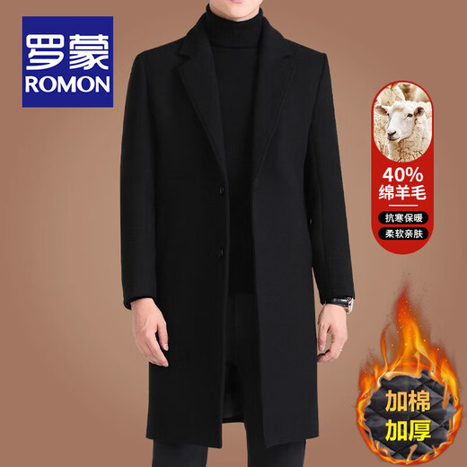 ROMON mid-length woolen coat for men, autumn and winter business casual, cotton-thickened windbreaker, men's warm woolen coat, black woolen (40% sheep wool) L/175 size (recommended 125-140Jin Jin equals 0.5kg to wear)