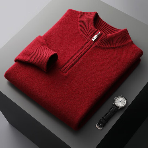 Men's thickened and warm autumn and winter pure cashmere sweater half-height zipper solid color long-sleeved pullover sweater produced in Ordos City - rust red M