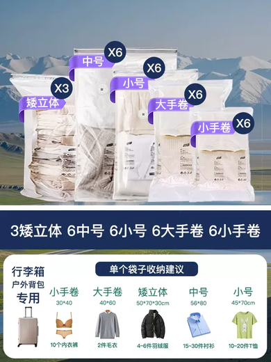 Yusenyi travel storage bag vacuum compression bag suitcase special hand-rolled clothes quilt sealed vacuum bag (long-distance self-driving) 3 short three-dimensional 6 medium 6 small 6 large roll 6 small roll Travel storage set