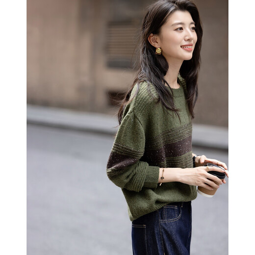 Demana Muyun Linglong winter sheep wool sweater retro round neck contrast ribbed loose knitted sweater women's top