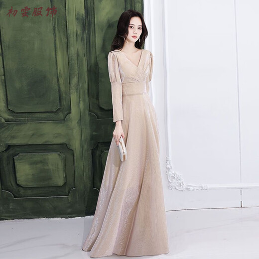 Mei Anjia evening dress women's new banquet temperament light luxury niche high-end long-sleeved annual meeting dress spring and summer hosting champagne gold long style 3XL
