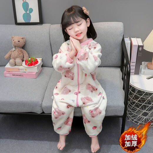 Children's coral velvet one-piece pajamas for autumn and winter girls' flannel sleeping bags for baby girls plus velvet and thickened rompers to keep warm Orange-double layer velvet and thickened 80