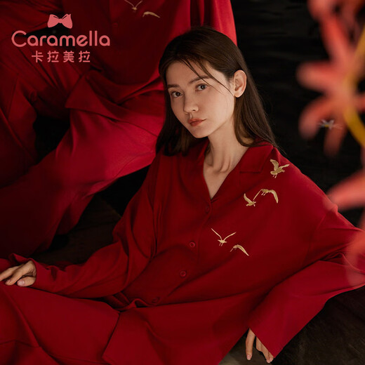 Caramella home wear men's red pajamas autumn and winter soft cotton suit men's and women's festive wedding newlywed couple's pajamas