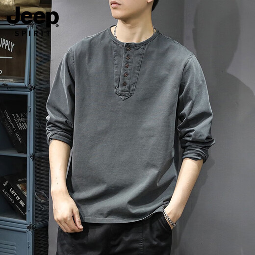 JEEP SPIRIT2025 new casual men's pure cotton long-sleeved T-shirt loose and thin spring and autumn trendy brand Henry collar bottoming shirt sweatshirt 2315 charcoal gray sweatshirt XL suitable weight 145-160Jin Jin equals 0.5 kg