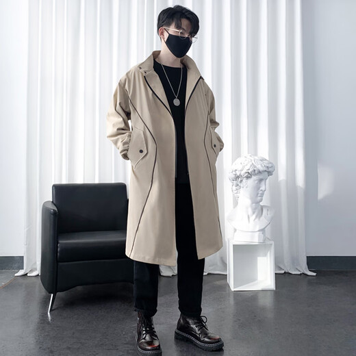 ROMON windbreaker jacket men's mid-length autumn and winter high-end business casual cloak coat men's khaki L