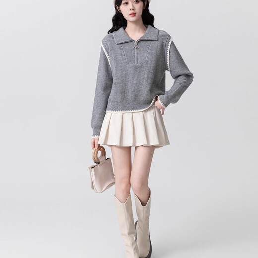 Fitma Gray Polo Neck Sweater Women's Thickened 2025 Spring and Autumn New Loose Bottoming Sweater Lapel Short Top Gray Thickened Model M Medium Size Recommended 100-120 Jin Jin equals 0.5 kg