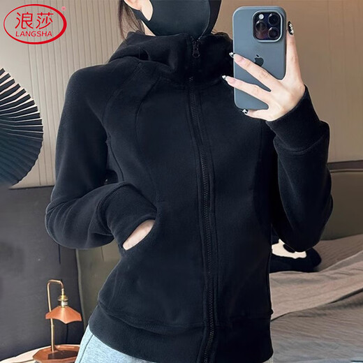 Langsha Polar Fleece Jacket Women's Winter 2025 New Hooded Sweatshirt Plus Velvet Cardigan Slim Yoga Wear Sports Top