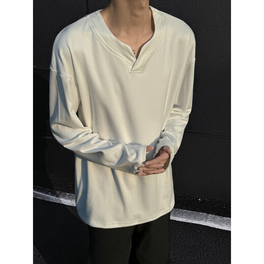 UKUHPK heavyweight German velvet V-neck long-sleeved T-shirt men's autumn and winter cleanfit American fashion brand inner layering shirt sweatshirt Henry black M