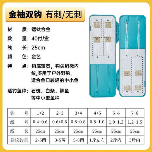 Imported Golden Sleeves Golden Haixi Set Fishhook Anti-Tangle Double Hook Rolled Finished Wild Fishing High-grade Crucian Carp Short Line Gold Sleeves with Thorns Buy 20 Get 20 Free Total 40 Pay Free Line Box Double Hook Combination No. 2 Hook + No. 3 Hook