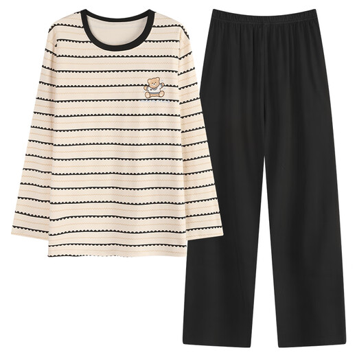 Yiduo couple pajamas for women with chest pads in autumn and winter pure cotton long-sleeved striped cartoon casual boys can be worn outside as home clothes