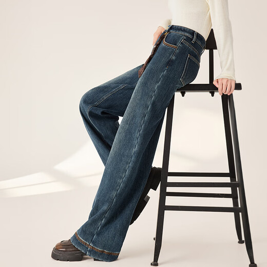 Xiangying plus velvet retro bootcut jeans for women 2025 winter new style denim style high waist loose wide leg pants denim blue S 155/80A/85-95Jin Jin equals 0.5 kg