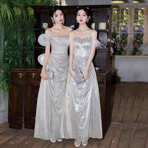Chuangjingyi selected dress high-end light luxury niche evening dress high-end light luxury niche 2025 new style French engagement party evening champagne gold A style_135CM M