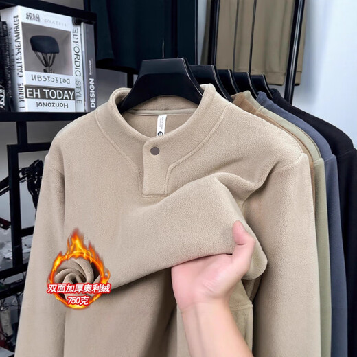 AX one-button double-sided Austrian velvet sweatshirt for men in autumn and winter new Henry collar plus velvet thickening outer wear inner top black M (recommended 95-110Jin Jin equals 0.5 kg)