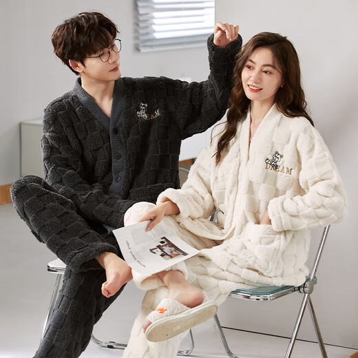 Langsha Couple Pajamas Autumn and Winter Coral Velvet Plus Velvet Thickened Men and Women Warm and Wearable Cartoon Home 2-piece Set Line Bear L Women's Style