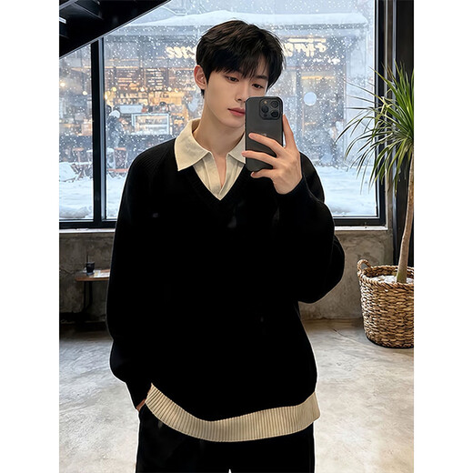 NYING fake two-piece Henry collar sweater for men in autumn and winter new trendy brand lapel sweater thickened warm inner base layer black XL (125-140Jin Jin equals 0.5kg)