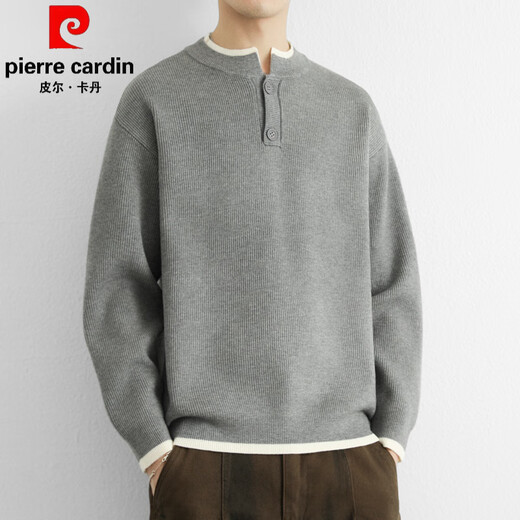 Pierre Cardin Japanese Henley Neck Sweater Men's Autumn and Winter New Thick Loose Casual Design Contrast Color V-Neck Sweater Gray M 100Jin Jin is equal to within 0.5 kg