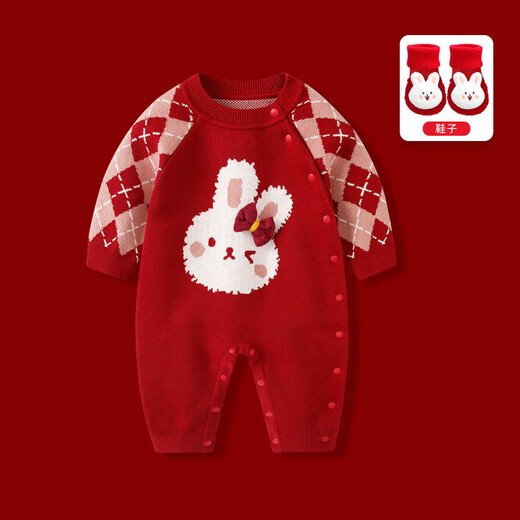 Disney baby clothes, autumn clothes, newborn girl red knitted jumpsuit, autumn and winter full moon 100-day-one-year-old wedding dress, brand 7603+ bunny shoes 80cm