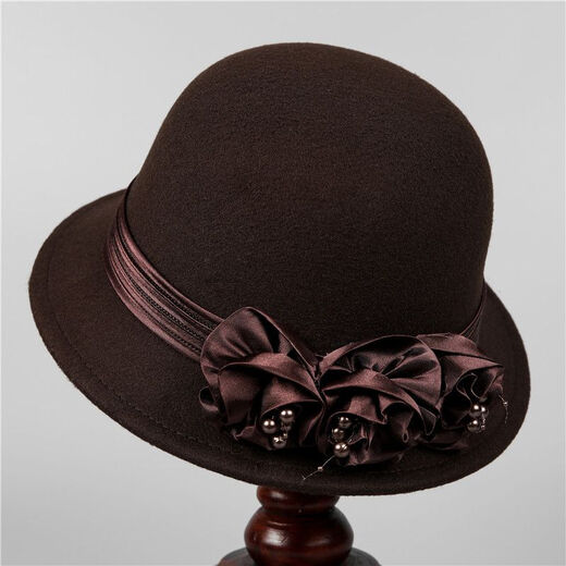 Xi Shengduo middle-aged and elderly women's winter warm fisherman hat mother autumn and winter versatile flower hat British fashion woolen basin hat burgundy one size