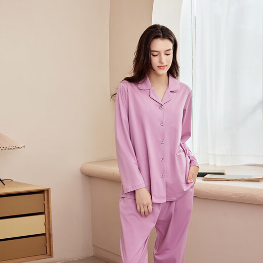 American Standard Cotton Pajamas Women's Autumn and Winter Couple's Long Sleeve Suit Men's Solid Color Cotton Cardigan Home Clothes Bean Paste Purple L