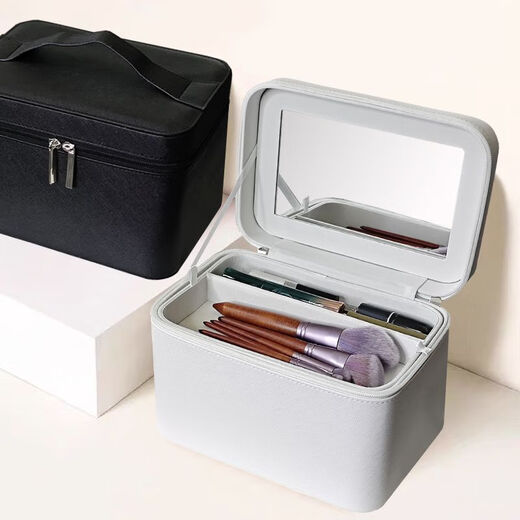 Cosmetic case with multifunctional capacity, simple and portable double-layered hand cosmetic bag, Internet celebrity cosmetics storage box with mirror, black cross pattern with partition mirror