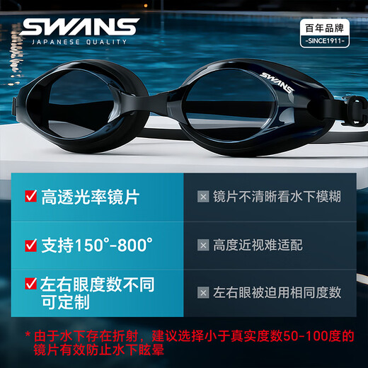 SWANS swimming goggles men's myopia swimming goggles waterproof anti-fog high-definition women's swimming cap set swimming goggles equipment large frame CYJSW45M-1 coated smoke blue