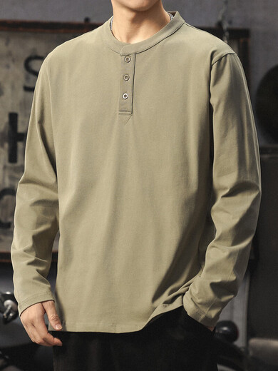 Luo Meng spring and autumn pure cotton long-sleeved t-shirt for young men, stylish and handsome loose casual Henry collar bottoming shirt trendy navy blue L 120-140Jin Jin is equal to 0.5 kg