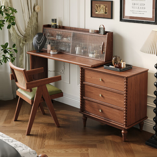 Gujia Imperial style solid wood dresser, one-piece retractable mid-century style storage cabinet, French style bedroom, small apartment, corner makeup, retractable table + three drawers dresser + makeup stool