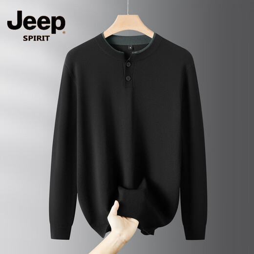 JEEP SPIRIT2025 Autumn and Winter Large Size Henley Collar Sweater Men's Casual Button Sweater New Versatile Plus Fat Oversized Bottoming Shirt Black XL 120-140Jin Jin is equal to 0.5 kg