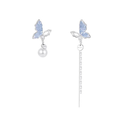 Orange Central Asymmetric Butterfly Tassel Ear Clip Women's Niche Unique Fairy No Piercing Earrings Pearl Earrings High-end Earrings