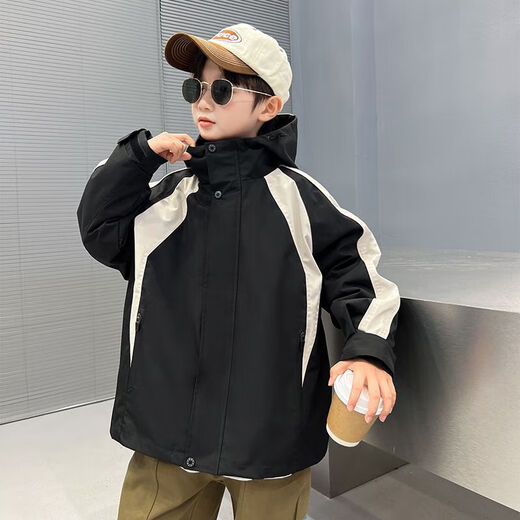 Jacket for boys and girls, three-in-one polar fleece thickened jacket, autumn and winter stylish medium and large children's stylish jacket, black (quilted style + polar fleece liner jacket) two-piece set 160 (recommended height is about 150)
