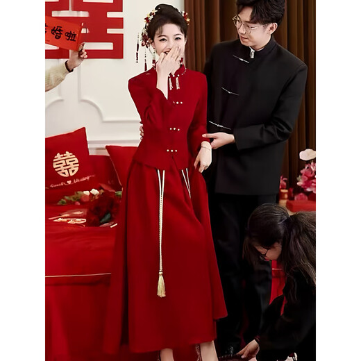 Pierre Cardin New Chinese Toast Wear 2025 Autumn New Style Little Bride Xiuhe Wear High-end Temperament Engagement National Style Dress Burgundy L