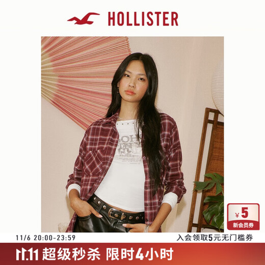 HOLLISTER25秋季新款美式辣妹宽松法兰绒格子衬衫女装340-5455 红色格子 L (165/96A)
