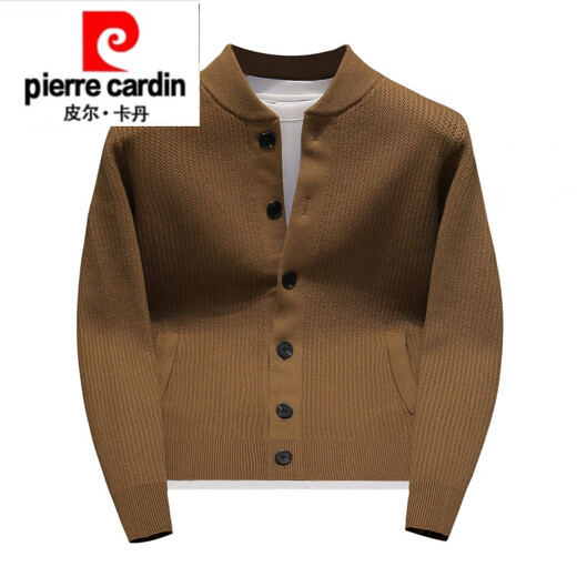 Pierre Cardin 2025 Autumn and Winter New Solid Color Stand Collar Knitted Cardigan Jacket Men's Off-Duty Versatile Sweater Henry Collar Sweater Trendy Caramel Color M 100-115Jin Jin is equal to 0.5 kg