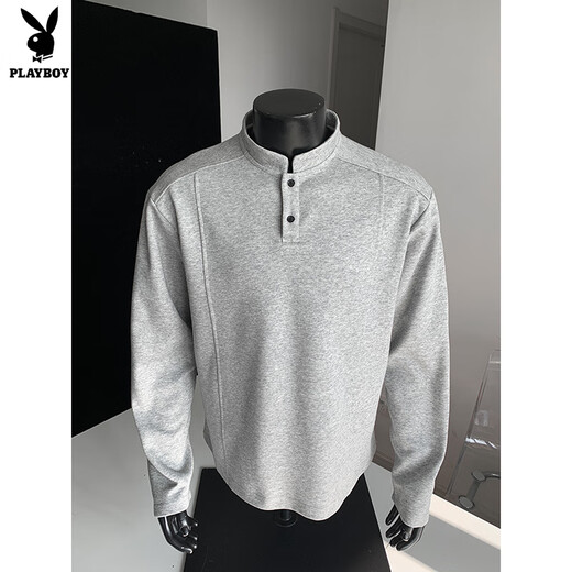 Playboy right shoulder sweatshirt cleanfit high-end pure white henley collar long-sleeved t-shirt men's autumn American style bottoming shirt white custom style M