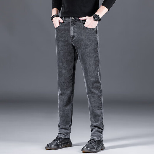 Winter velvet jeans for men, winter thickened, loose, trendy, straight elastic, warm trousers, workwear casual pants 900 gray, autumn and winter, cold protection, velvet 33, recommended 140-150 Jin Jin equals 0.5 kg