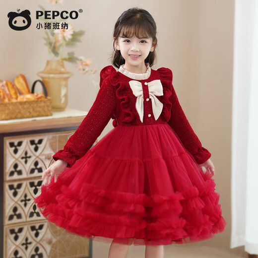 Piggy Banner (PEPCO) girls dress spring and autumn fashionable little girl autumn and winter dress children's dress princess dress autumn red 130