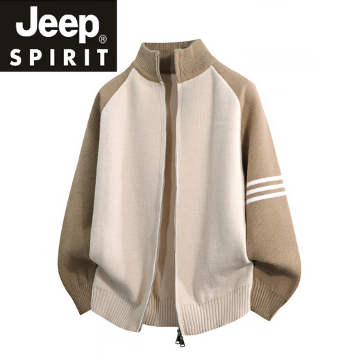 JEEP SPIRIT Jeep Henry Collar Woolen Cardigan Men's Autumn and Winter Contrast Color Splicing Casual Jacket 2025 New Knitted Wool Clothes Gray M