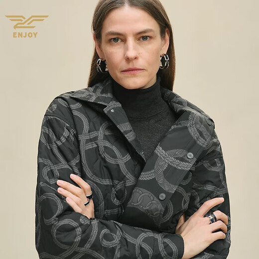 HERMES Women's New Winter Jacket Canvas Double-sided Printed Shirt-style Down Jacket Fashionable and Warm Gray 34