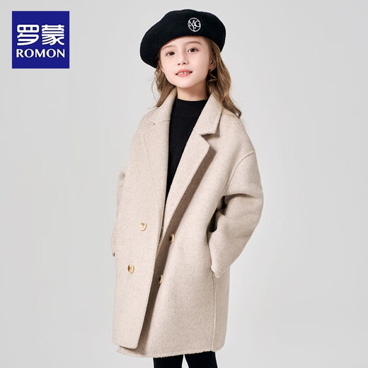 Luo Meng girls double-sided wool coat autumn and winter style children's style mid-length thick woolen coat milk tea white 130