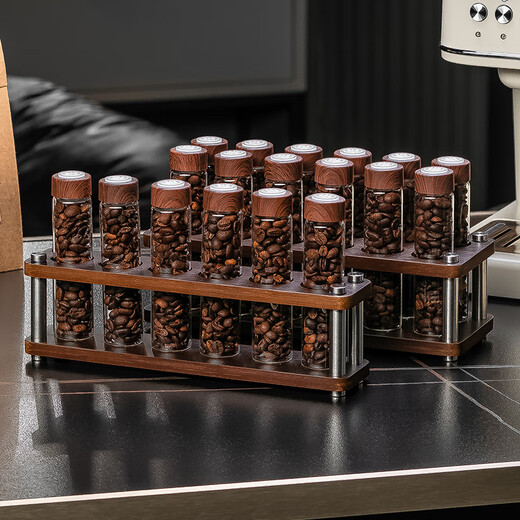 CRISTALGLASS Coffee Bean Dispensing Test Tube Sealed Bottle Single Dispensing Bottle Sealed Storage Can Coffee Can Display Rack Smell Bottle Automatic Venting Cap Bottle 6 Pack + Storage Rack